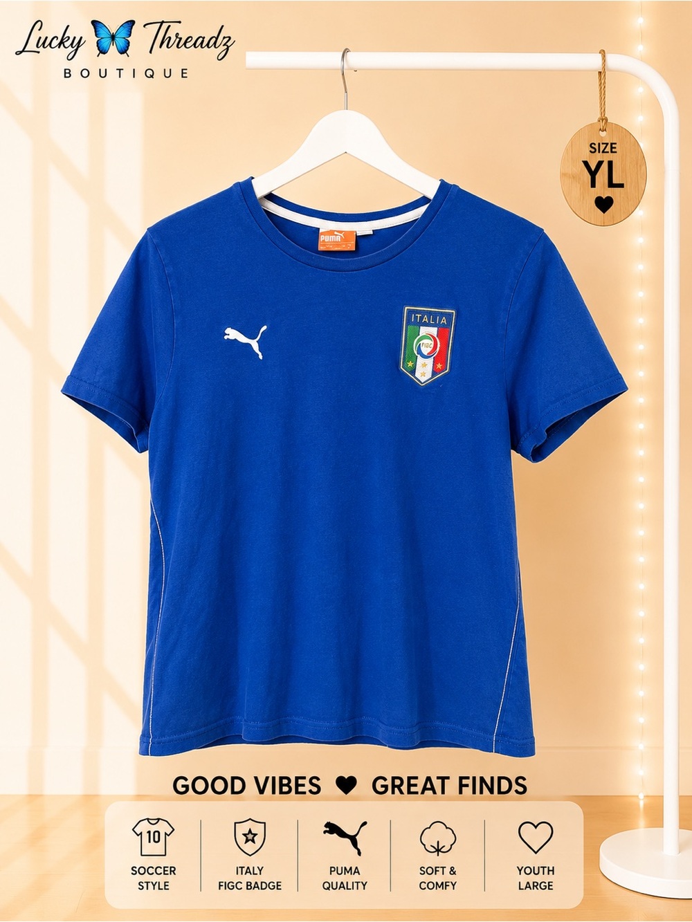 Blue Puma Italy FIGC Soccer Tee Youth Large
